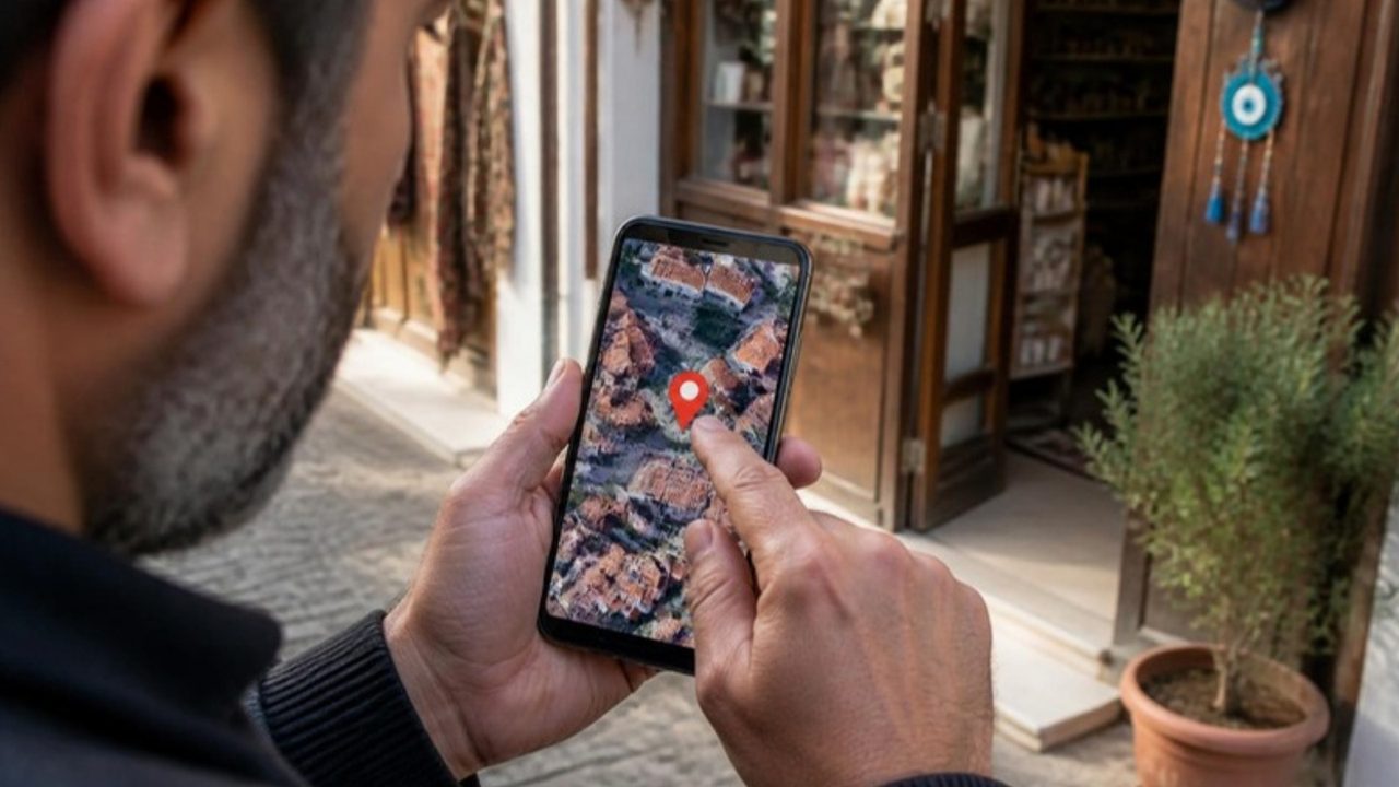 İşletme sahibinin iPhone'da Apple Haritalar uydu görünümünde konum işaretini dükkân girişine yerleştirmesi