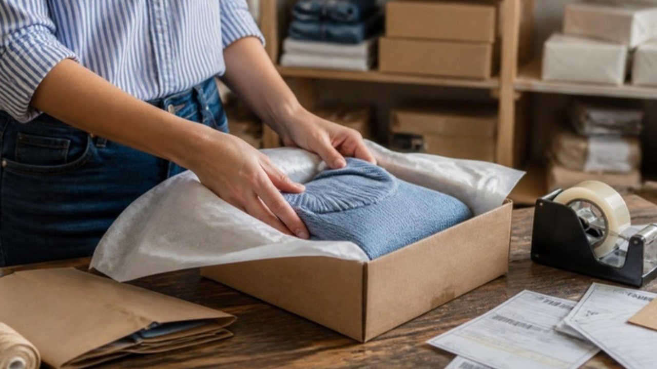 Online siparişi kargo kutusuna paketleyen küçük e-ticaret işletmesi