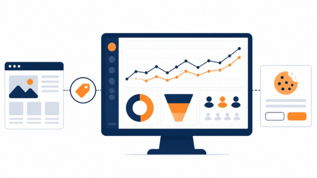Google Analytics 4 raporunda çizgi grafik, dönüşüm hunisi ve kullanıcı sayılarıyla birlikte çerez onayı bandını gösteren görsel