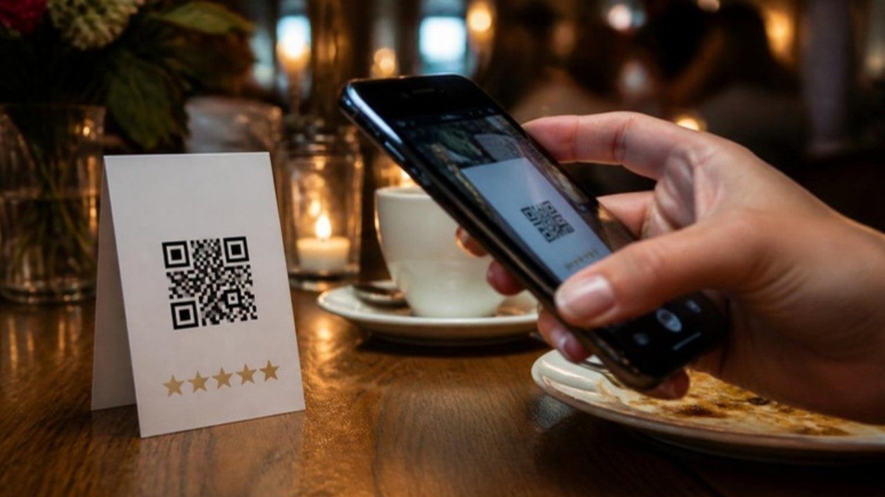 Restoran masasındaki QR kodu telefonla okutarak Google yorumu bırakan müşteri