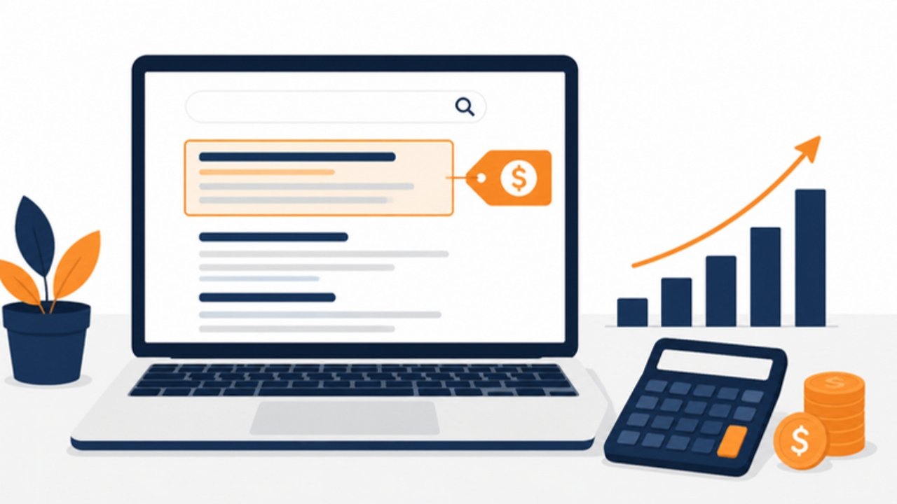 Dizüstü bilgisayarda arama sonucu sıralaması, fiyat etiketi, yükselen grafik ve hesap makinesiyle SEO maliyetini anlatan görsel
