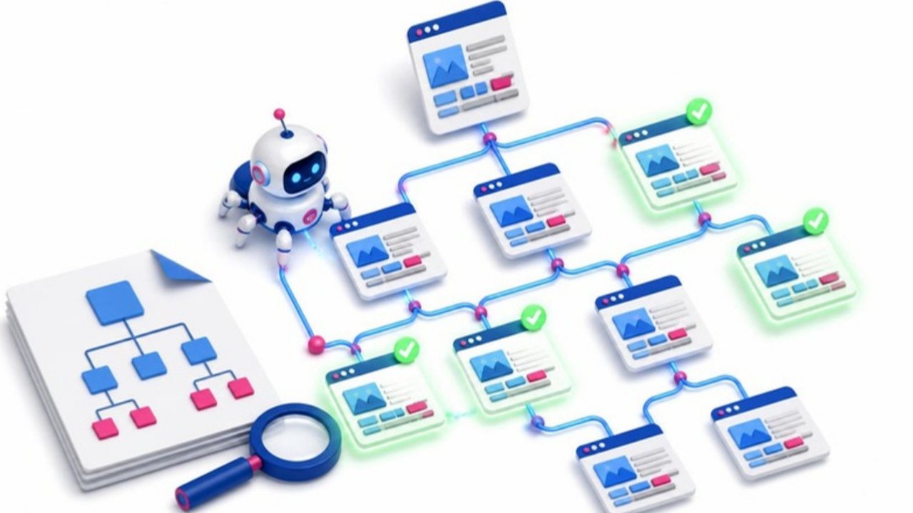 Arama motoru botunun web sitesi sayfalarını iç linkler üzerinden tarayıp dizine eklemesini gösteren illüstrasyon