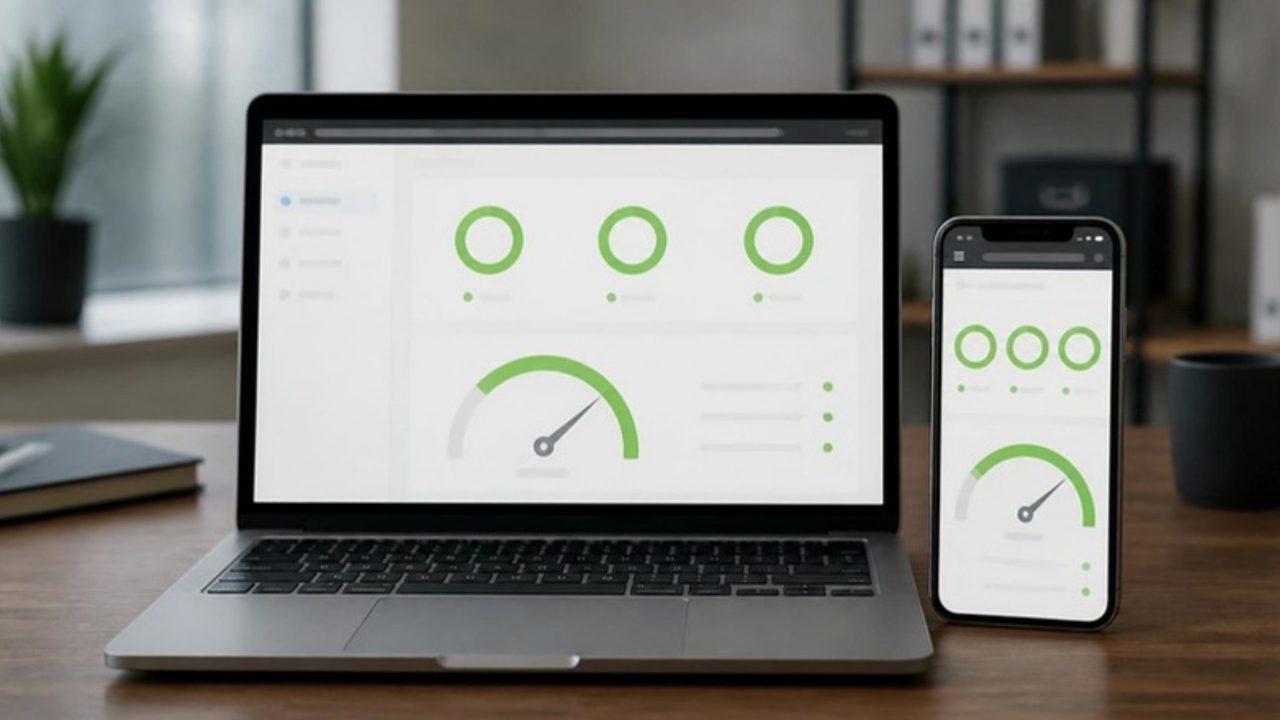 Dizüstü bilgisayar ve akıllı telefon ekranında web sitesi hız ölçüm göstergeleri