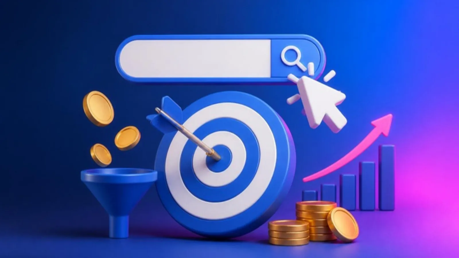 Google reklam yönetimi: arama çubuğu, hedefin tam ortasına isabet eden ok ve artan satış grafiği