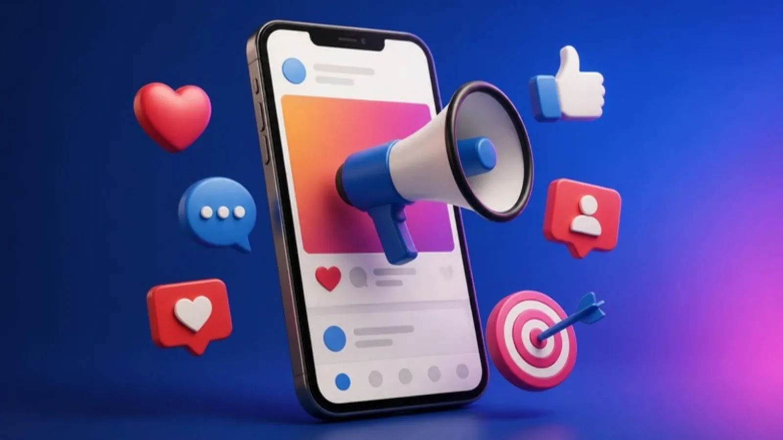 Sosyal medya reklam yönetimi: telefondaki gönderiden çıkan megafon, beğeni ve yorumlar